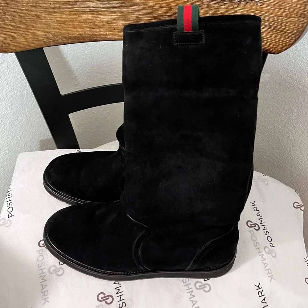 GUCCI SAINT MORITZ PRE-LOVED RARE AUTHENTIC BLK SUEDE LEATHER  SHEARLING BOOTS